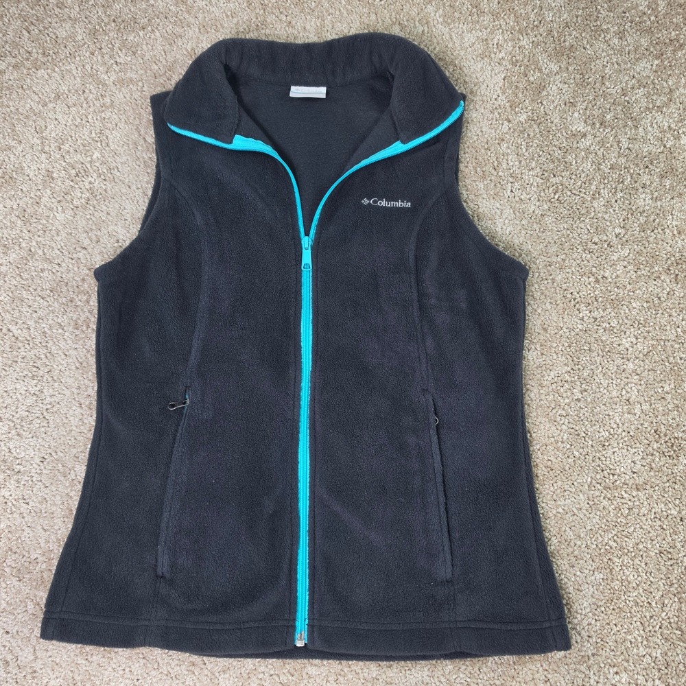 Columbia Vest Fleece Full Zip Dark Gray Teal Trim Outdoor Activewear Small